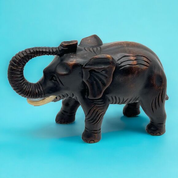 Vintage Wooden Elephant Hand Carved 6x9" Detailed Art Sculpture 1950s Figurine - Picture 1 of 16